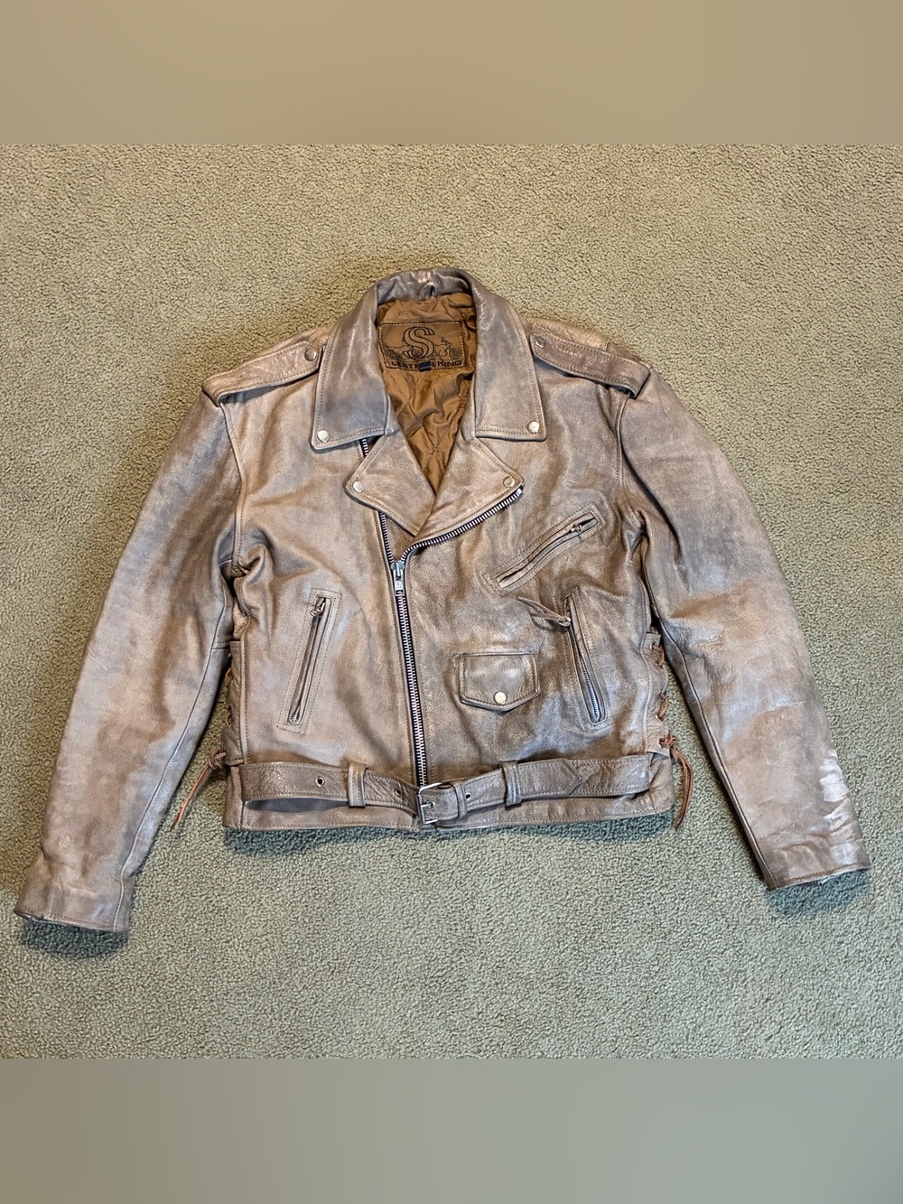 Leather King Men’s Brown Leather Motorcycle Jacket 44 Thinsulate Zip Biker Coat